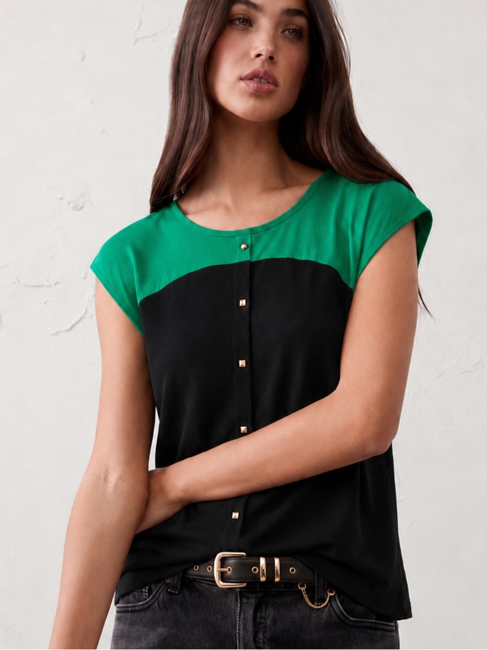 Carol Rose Shirt Fits XL Green Black Colorblock Vintage Studded Top